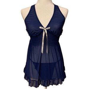 NWOT Frederick's of Hollywood Sheer Blue Halter Teddy Set - Size Small!